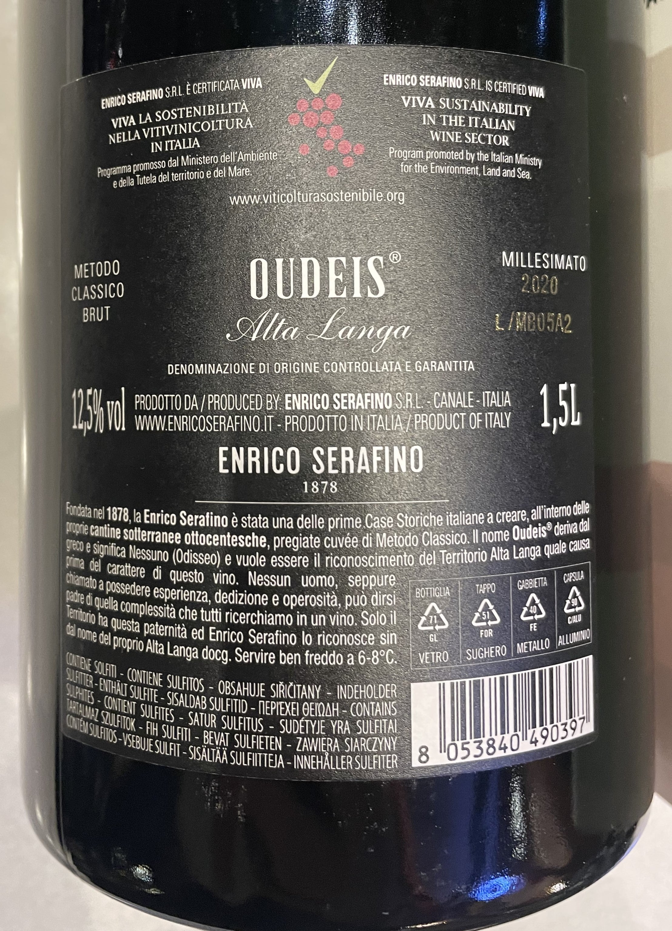 OUDEIS ALTA LANGA DOCG CLASSIC METHOD BRUT Vintage 2020 Enrico Serafino 1878 MAGNUM with box