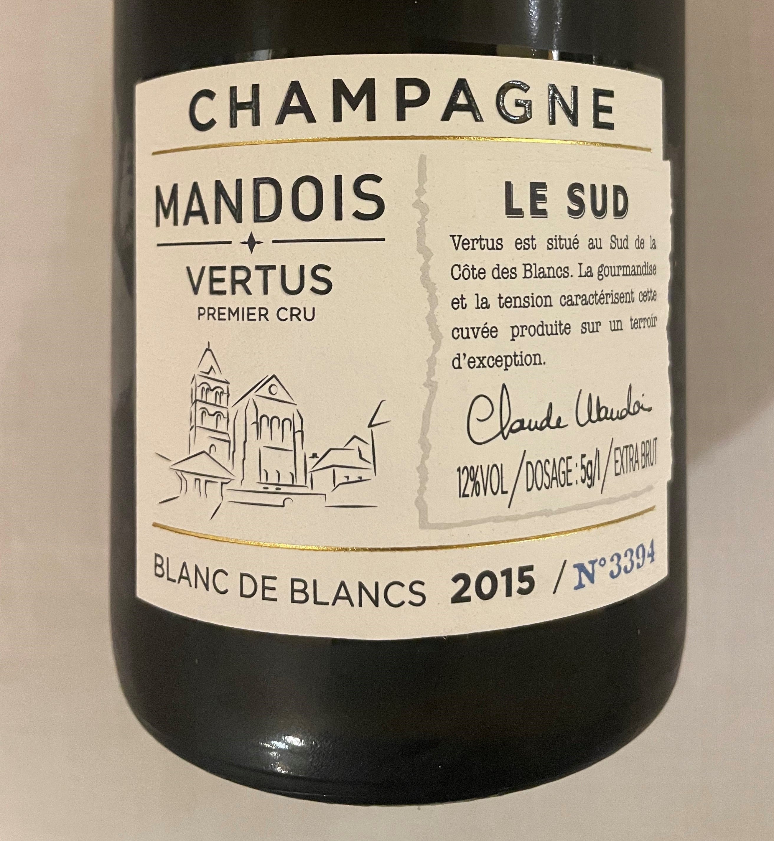 Champagne Blanc de  Blancs Vertus  Extra Brut 1er  Crù 2015  LE SUD  Mandois