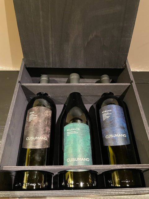 Cassa Legno Mista da 3 bottiglie: Salealto 2020,  Sagana 2019 , Noà 2019  Cusumano