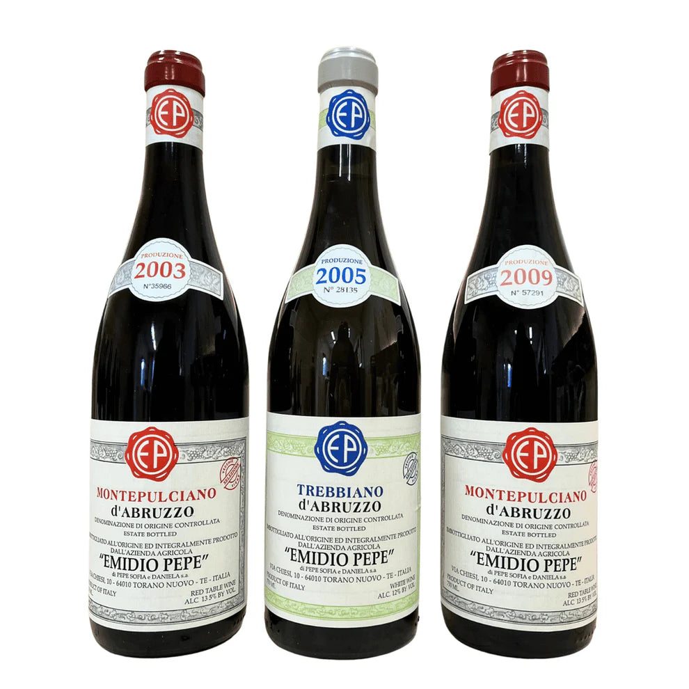 Verticale "Emidio Pepe" n.2 Trebbiano 2005, n.2 Montepulciano 2009, n.2 Montepulciano 2003 in Cassetta + Libro "Manteniamoci Giovani" vita e vino di Emidio Pepe