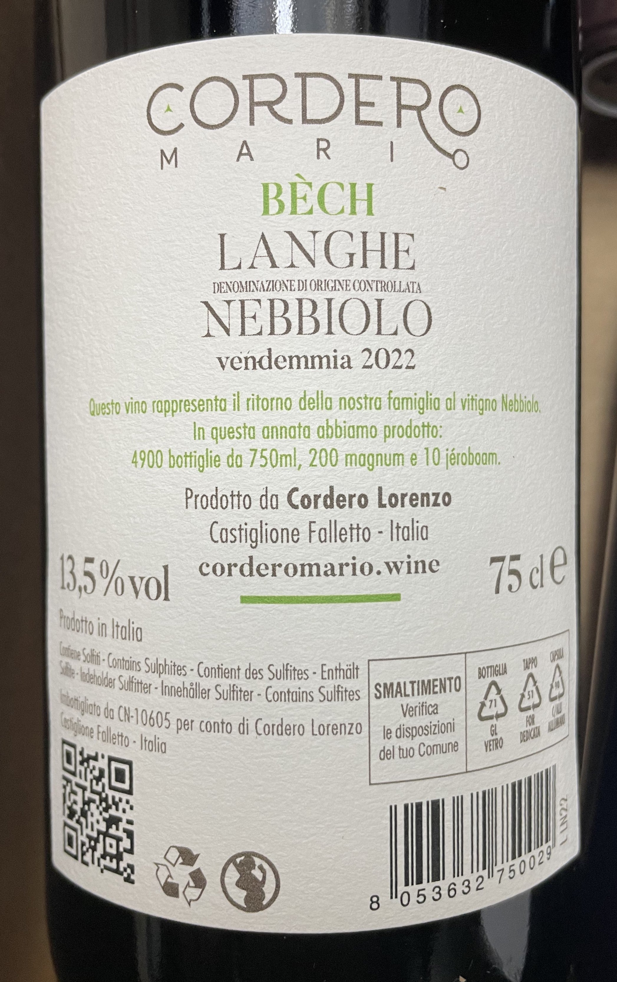 Bech Langhe Doc Nebbiolo 2022 Mario Cordero