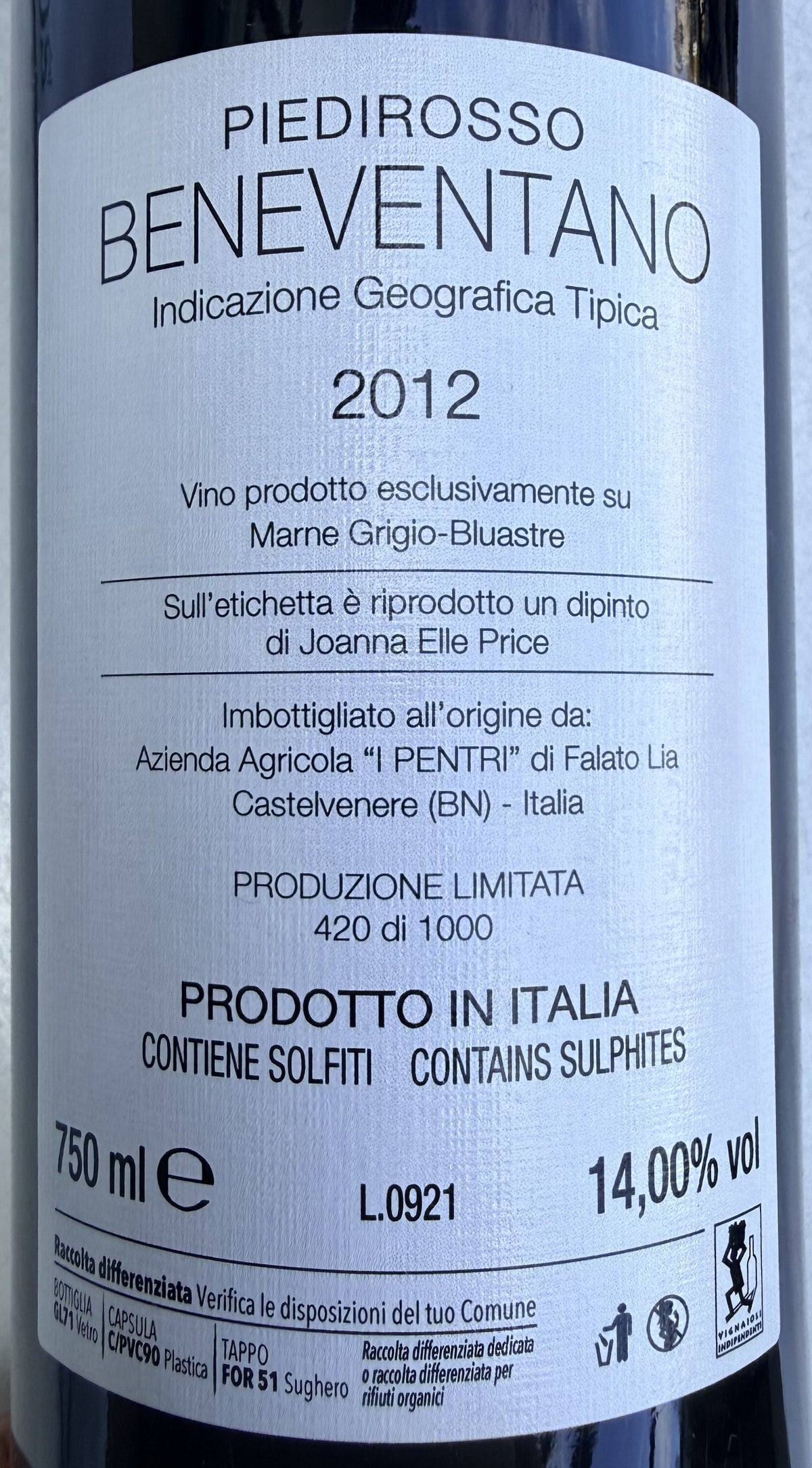 BluAstro 2012 Piedirosso Beneventano IGP I Pentri produzione Limitata