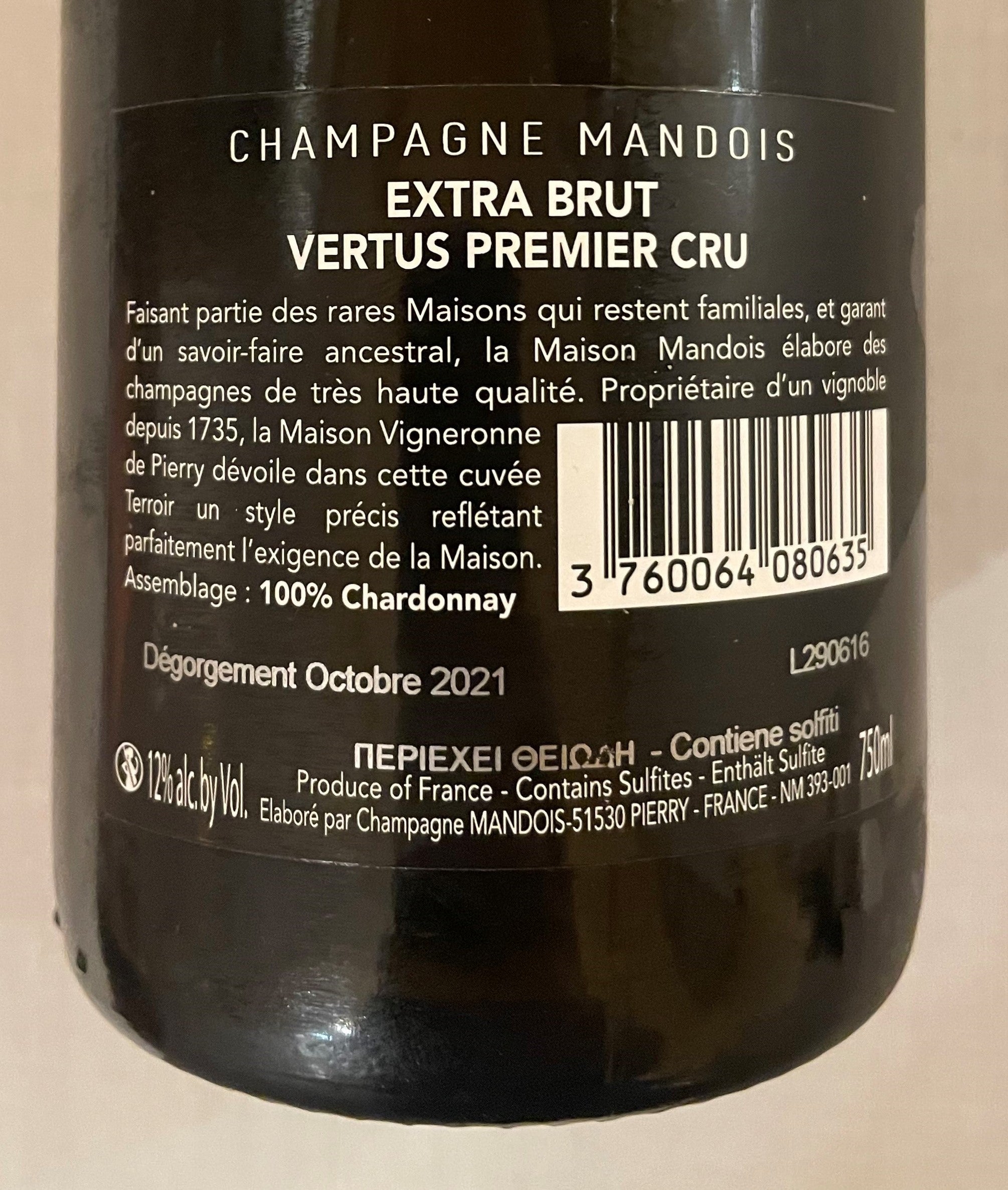 Champagne Blanc de  Blancs Vertus  Extra Brut 1er  Crù 2015  LE SUD  Mandois